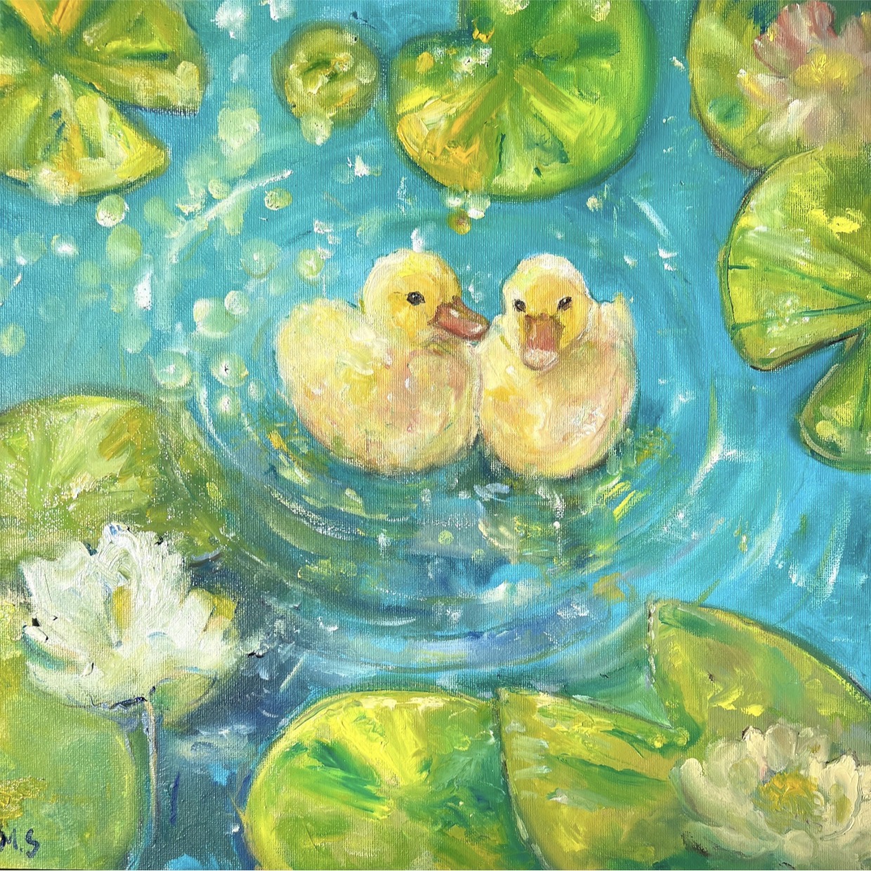 Ducklings in the Garden Pond — painting by Marina Stognieva